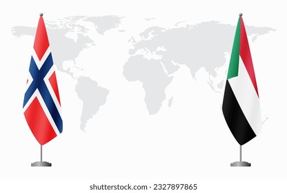 Norway and Sudan flags for official meeting against background of world map.