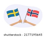 Norway and Sweden flags. Norwegian and Swedish national symbols. Hand holding waving flag. Vector illustration.