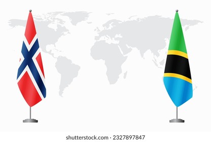 Norway and Tanzania flags for official meeting against background of world map.