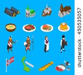 Norway tourists attractions with national flag cultural symbols and food isometric icons set abstract vector isolated illustration