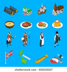 Norway tourists attractions with national flag cultural symbols and food isometric icons set abstract vector isolated illustration