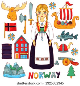 Norway traditional symbols cute colorful cartoon icons vector set