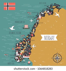 Norway travel cartoon vector map, norwegian landmark Brygge, Lindesnes Lighthouse, Narvik, Stavanger Cathedral, Akershus Fortress, Cathedral of the Northern Lights, Scandinavia, decorative wild animal