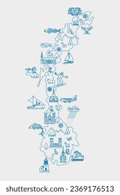 Norway travel cartoon vector map, norwegian landmark Brygge, Lindesnes Lighthouse, Stavanger Cathedral,Scandinavia,decorative wild animal.
