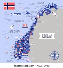 Norway travel cartoon vector map, norwegian landmark Brygge, Lindesnes Lighthouse, Narvik, Stavanger Cathedral, Akershus Fortress, Cathedral of the Northern Lights, Scandinavia,decorative wild animal