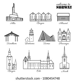 Norway travel cartoon vector norwegian landmark Bryggen, Lindesnes Lighthouse, Narvik Stavanger Arctic Cathedral, Akershus Fortress, Cathedral of Northern Lights, Trondheim Old Bridge, Sunnmore Museum