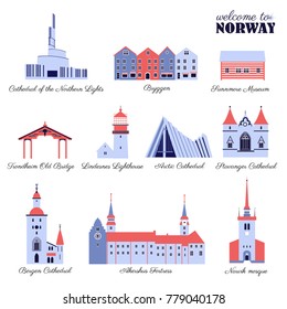 Norway travel cartoon vector norwegian landmark Bryggen, Lindesnes Lighthouse, Narvik Stavanger Arctic Cathedral, Akershus Fortress, Cathedral of Northern Lights, Trondheim Old Bridge, Sunnmore Museum