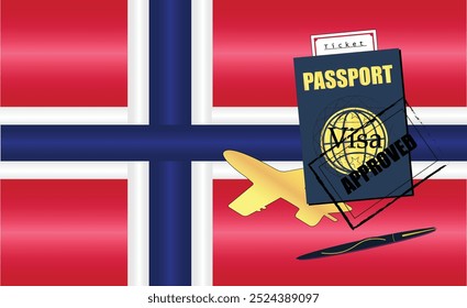 Concepto de documentación de viaje de Noruega con pasaporte azul y bandera de Noruega. Sello aprobado. Billetes de avión y de viaje. Ideal para el turismo de inmigración y temas de viaje. Vector EPS disponible