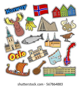 Norway Travel Elements with Architecture and Viking. Vector Doodle