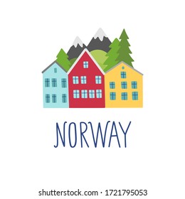 Norway travel illustration. Cozy houses and nature landscape vector clipart. Visit Norway and Scandinavia theme