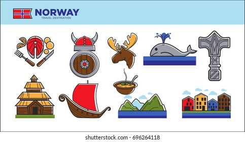 Norway travel landmark symbols or Norwegian tourist famous culture attraction vector icons