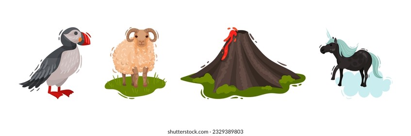 Norway Travel with Sea Parrot, Ram, Unicorn and Volcano Vector Set
