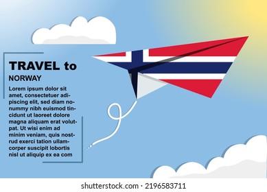 Banner de vector de viajes de Noruega con bandera de papel y espacio de texto, bandera de Noruega en el plano de papel, concepto de vacaciones y vacaciones, plantilla y patrón de viajes de verano, idea del billete de vuelo