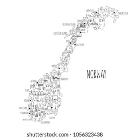 Norway travel vector map, norwegian landmark Brygge, Lindesnes Lighthouse, Narvik, Stavanger Cathedral, Akershus Fortress, Cathedral of the Northern Lights, Scandinavia,decorative wild animal line art