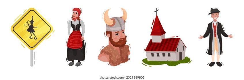 Norway Travel with Viking, Man and Woman Wear Traditional Dress and Church Vector Set