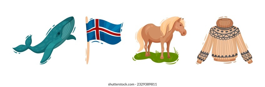 Norway Travel with Whale, Flag, Horse and Knitted Sweater Vector Set