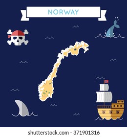 Norway treasure map in flat design. Colorful cartoon treasure map of Norway with flat design icons of pirate ship and jolly roger. Norway flat design vector illustration.