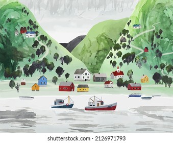 Noruega. Undredal, pueblo en el fiordo de Aurland. Paisaje vectorial acuarela con casas noruegas, árboles, barcos y montañas. Naturaleza escandinava.