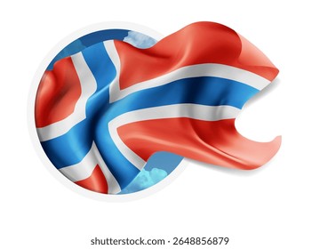 Norway, vector 3d flag against a blue sky, through a round hole on a white background