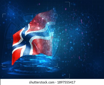 Norway, vector 3d flag on blue background with hud interfaces