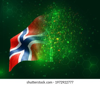 Norway, vector 3d flag on green background with polygons and data numbers