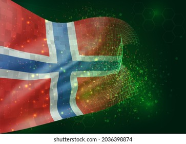 Norway, vector 3d flag on green background with polygons and data numbers