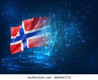 Norway, vector 3d flag on blue background with hud interfaces