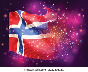 Norway, vector 3d flag on pink purple background with lighting and flares