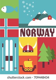 norway vector flat illustration icon set travel background