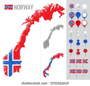 Mapa vectorial de Noruega con bandera, globo e iconos en fondo blanco