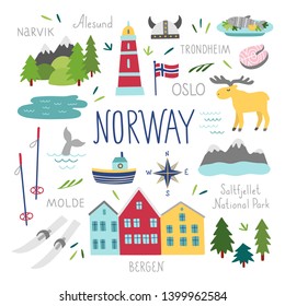 Norway vector set. Travel Norway illustrations: houses, animals, food, nature. Scandinavian elements on white background