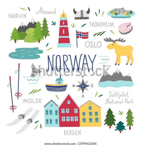 ノルウェーのベクター画像セット ノルウェーの旅行イラスト 家 動物