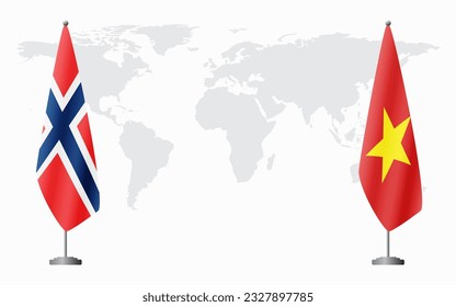 Norway and Vietnam flags for official meeting against background of world map.