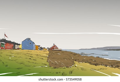 Norway village sketch hand drawn. Northern landscape fjord vector illustration