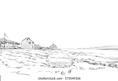 Norway village sketch hand drawn. Northern landscape fjord vector illustration