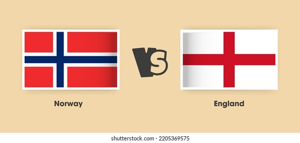 Norwegische Fahnen gegen England nebeneinander angeordnet. Kreative stylische Nationalflaggen, Norwegen gegen England mit Hintergrund