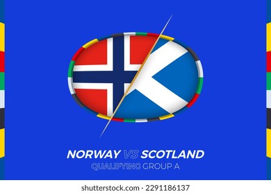 Icono de Noruega vs Escocia para la clasificación al torneo de fútbol europeo, grupo A. Icono de la competencia en el fondo estilizado.