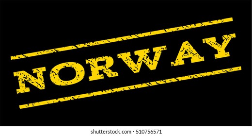 Norway watermark stamp. Text tag between parallel lines with grunge design style. Rubber seal stamp with dust texture. Vector yellow color ink imprint on a blue background.