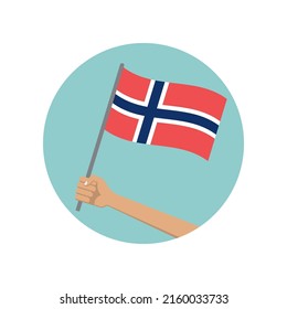 Noruega ondeando el icono de círculo de la bandera. Mano con bandera noruega. Símbolo nacional. Ilustración vectorial. 