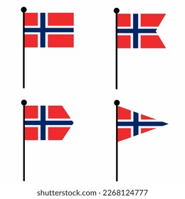 Icono de bandera ondulada de Noruega establecido en 4 versiones de forma. Colección de signos de asta para identidad, emblema e infografía. 