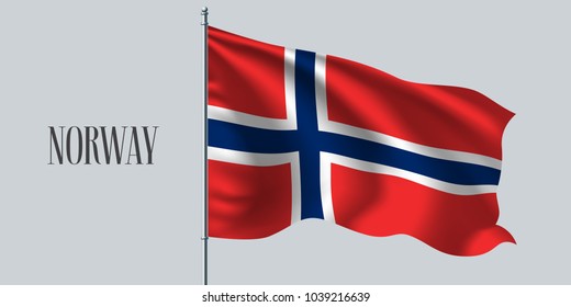 Norway waving flag on flagpole vector illustration. Red blue   element of Norwegian wavy realistic flag as a symbol of country 
