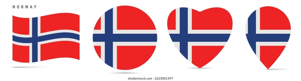 Norway waving flag, round circle sticker badge, heart shaped icon, map pin. Norwegian flag buttons of different shapes. Vector illustration isolated on white.