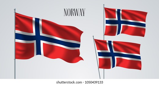 Norway waving flag set of vector illustration. Blue red colors of Norway wavy realistic flag as a patriotic symbol
