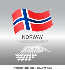 Norway wavy flag and mosaic map on light background. Creative background for the national poster of norway. Vector design. Business booklet. State Norwegian patriotic banner, flyer