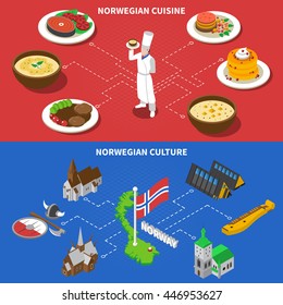 Norwegean culture with folklore musical instrument and popular fish cuisine dishes 2 isometric banners abstract isolated vector illustration