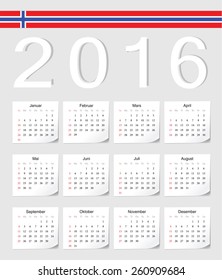 Norwegian 2016 vector calendar with shadow angles. Week starts from Sunday.