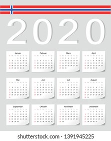 Norwegian 2020 vector calendar with shadow angles. Week starts from Sunday.