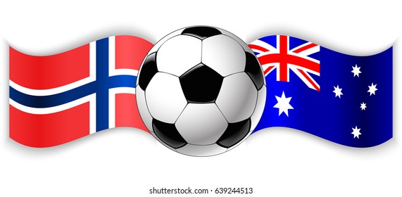 Norwegian and Australian wavy flags with football ball. Norway combined with Australia isolated on white. Football match or international sport competition concept.