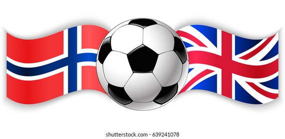 Norwegian and British wavy flags with football ball. Norway combined with United Kingdom isolated on white. Football match or international sport competition concept.