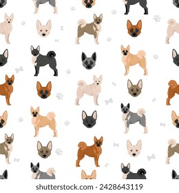 Norwegian Buhund seamless pattern. Different poses, coat colors set.  Vector illustration